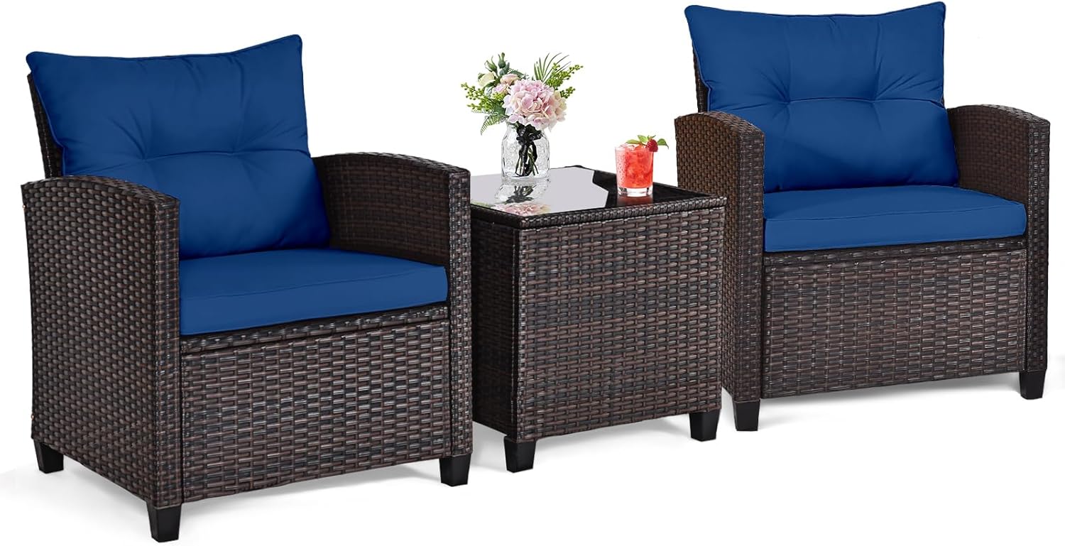 Outdoor Furniture Weatherproof - Marineblaues 3-teiliges Bistro-Set aus Rattan-Geflecht für